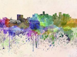 Denver skyline in watercolor background